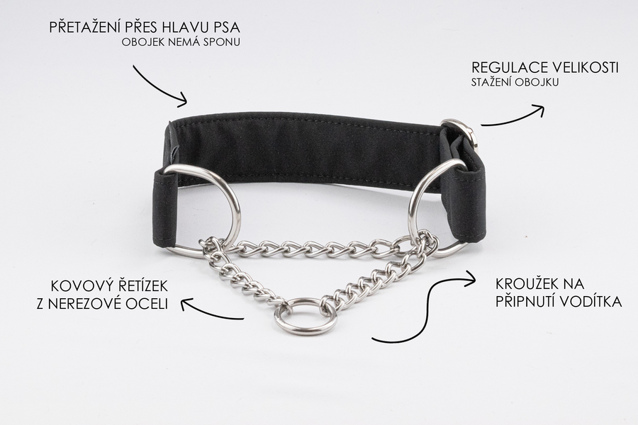 Polostahovací obojek s řetízkem jednobarevný černý
